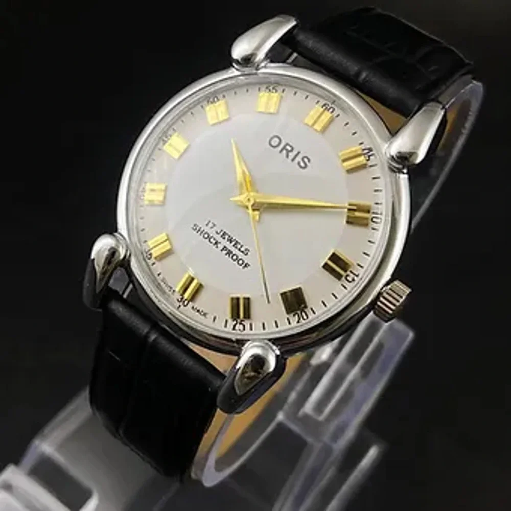 Vintage 1973 Oris Manual Mens Silver Watch W/Leather Strap & Gold accents